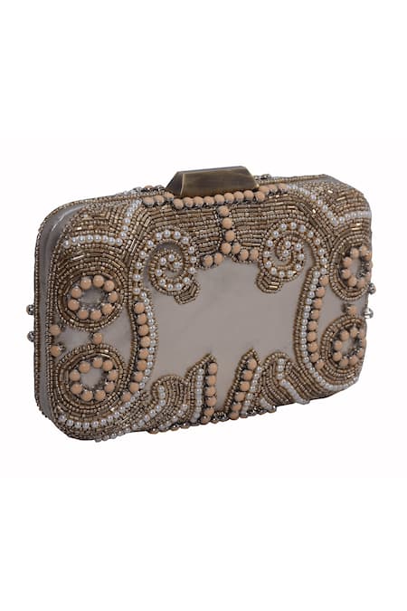 JASBIR GILL Gold Bead Embroidered Box Clutch
