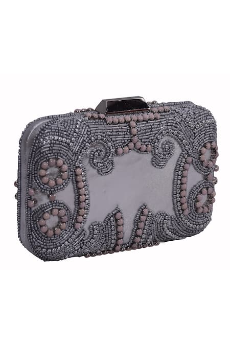 JASBIR GILL Silver Bead Hand Embroidered Box Clutch 