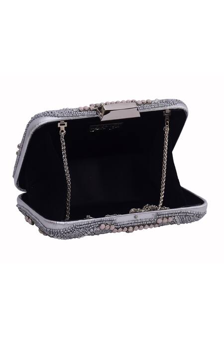Buy Jasbir Gill Silver Cut Work, Beads Hand Embroidered Box Clutch Online at Aza Fashions Buy_Jasbir Gill_Silver Cut Work, Beads Hand Embroidered Box Clutch _Online_at_Aza_Fashions