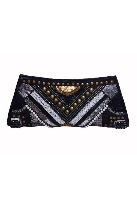 Jasbir Gill_Black Sequin Metallic Stud Embellished Box Clutch _Online_at_Aza_Fashions