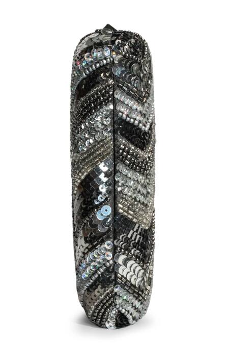 Jasbir Gill_Silver Embroidery, Sequins Chevron Clutch _Online_at_Aza_Fashions