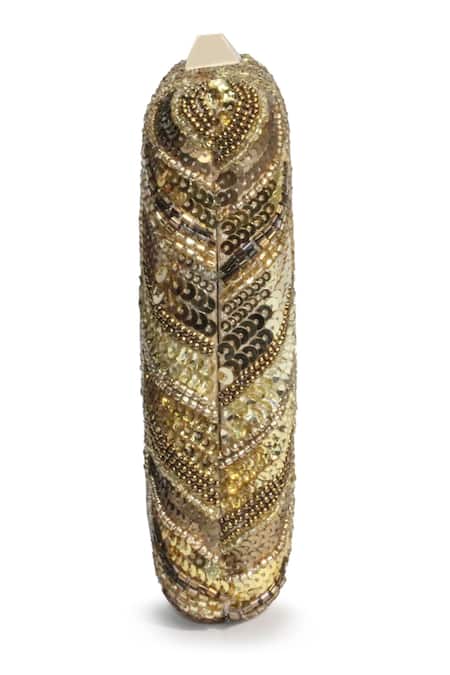 Jasbir Gill_Gold Hand Embroidery Chevron Clutch _Online_at_Aza_Fashions