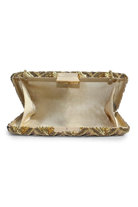 Buy_Jasbir Gill_Gold Hand Embroidery Chevron Clutch _Online_at_Aza_Fashions