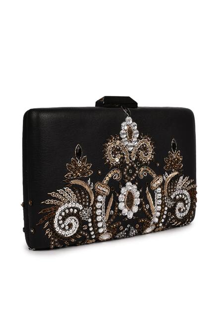 Jasbir Gill_Black Embroidery Zardozi Clutch _Online_at_Aza_Fashions