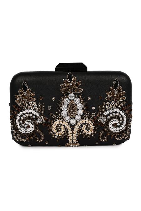 Jasbir Gill_Black Embroidery Zardozi Leather Clutch _Online_at_Aza_Fashions