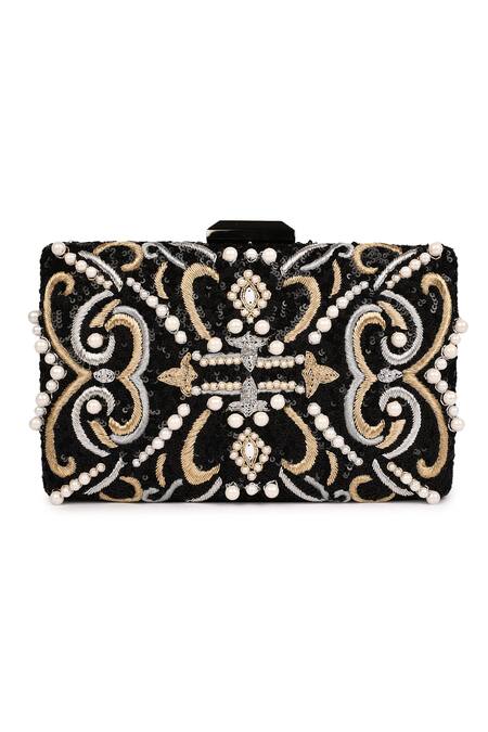 Jasbir Gill_Black Embroidery Pearl And Sequin Clutch _Online_at_Aza_Fashions