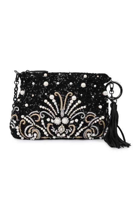 Jasbir Gill_Black Embroidery Pearl Clutch _Online_at_Aza_Fashions