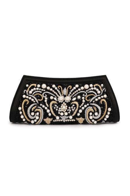 Jasbir Gill_Black Embroidery Mandala Pearl Clutch _Online_at_Aza_Fashions