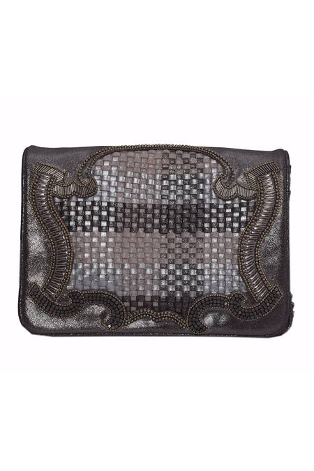 Jasbir Gill_Grey Embroidery Tonal Metal Clutch _Online_at_Aza_Fashions