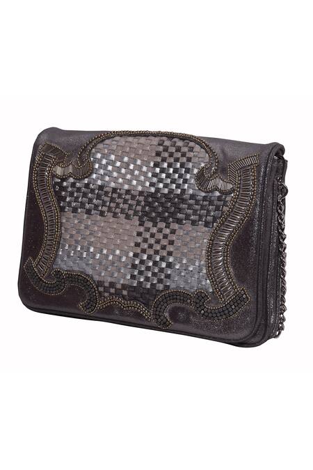 Buy_Jasbir Gill_Grey Embroidery Tonal Metal Clutch _Online_at_Aza_Fashions