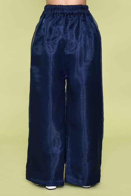 Petite Pomme_Blue Organza, Cotton Embroidery Flora Top Bell Bottom Set_Online_at_Aza_Fashions