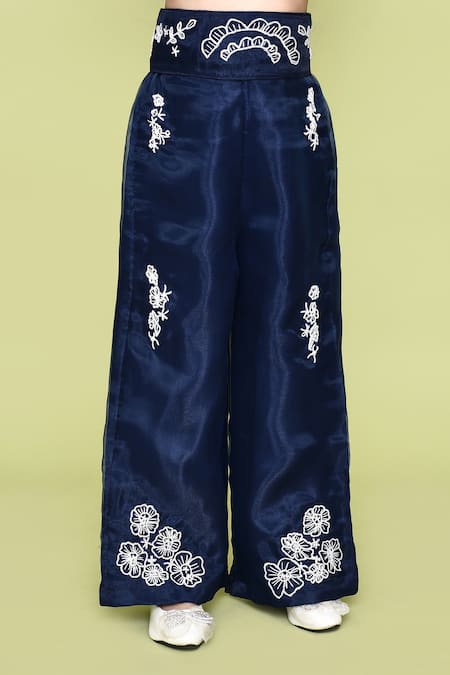 Buy_Petite Pomme_Blue Organza, Cotton Embroidery Flora Top Bell Bottom Set_Online_at_Aza_Fashions
