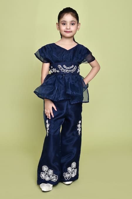 Shop_Petite Pomme_Blue Organza, Cotton Embroidery Flora Top Bell Bottom Set_Online_at_Aza_Fashions