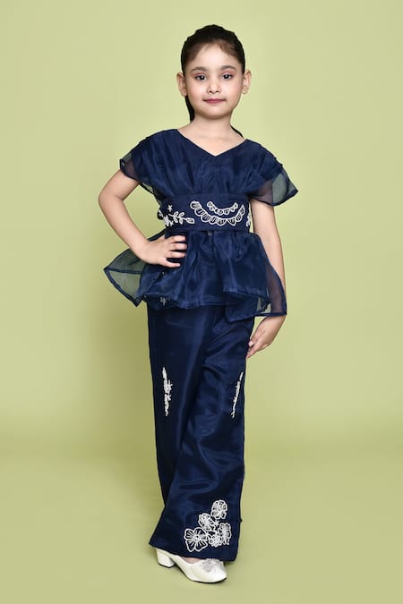 Petite Pomme_Blue Organza, Cotton Embroidery Flora Top Bell Bottom Set_at_Aza_Fashions