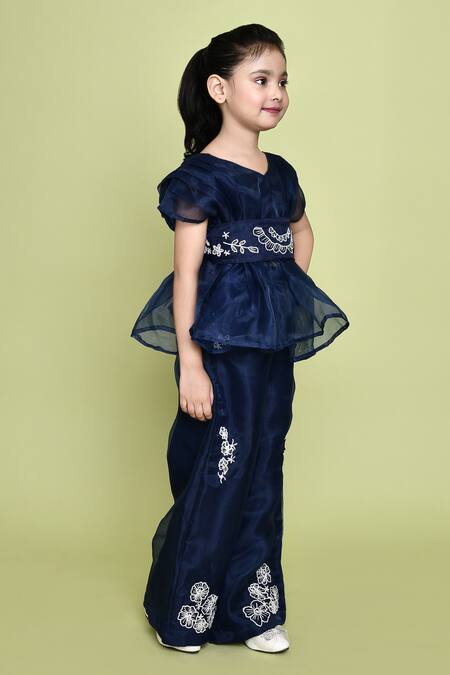 Buy_Petite Pomme_Blue Organza, Cotton Embroidery Flora Top Bell Bottom Set