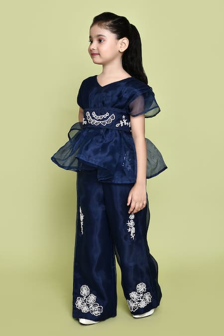 Shop_Petite Pomme_Blue Organza, Cotton Embroidery Flora Top Bell Bottom Set
