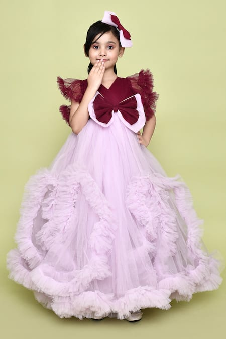 Banana Bee Purple Net Lining Cotton Embellished Ruffled Gown With Hair Pin