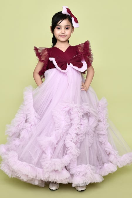 Petite Pomme_Purple Net, Cotton Embellished Ruffled Gown With Hair Pin_Online_at_Aza_Fashions