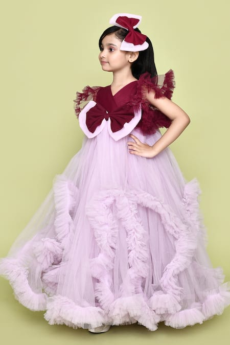 Shop_Petite Pomme_Purple Net, Cotton Embellished Ruffled Gown With Hair Pin_Online_at_Aza_Fashions