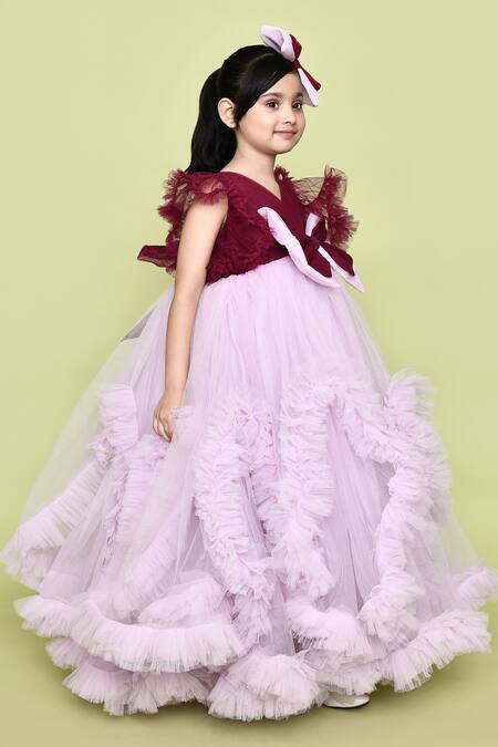 Petite Pomme_Purple Net, Cotton Embellished Ruffled Gown With Hair Pin_at_Aza_Fashions