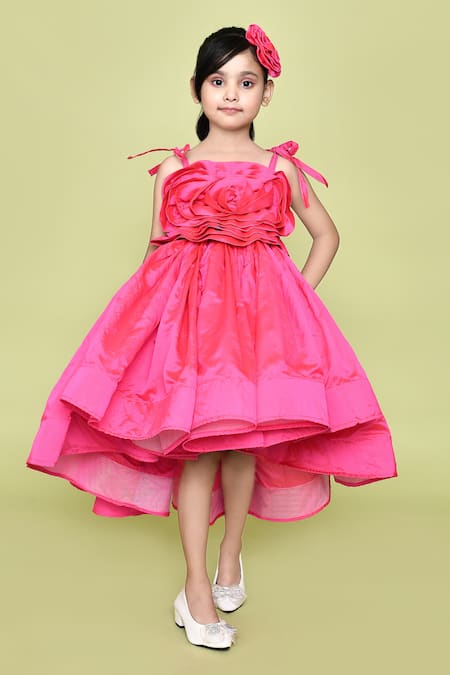 Petite Pomme_Pink Taffeta Fabric Flowers Rosette Embellished Gown With Hair_Online_at_Aza_Fashions
