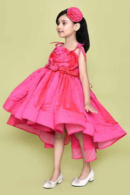 Buy_Petite Pomme_Pink Taffeta Fabric Flowers Rosette Embellished Gown With Hair_Online_at_Aza_Fashions