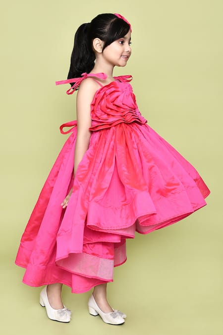 Shop_Petite Pomme_Pink Taffeta Fabric Flowers Rosette Embellished Gown With Hair_Online_at_Aza_Fashions
