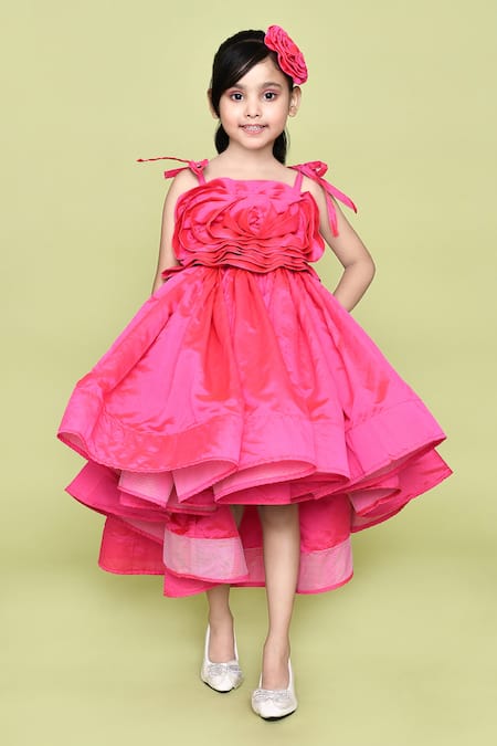 Petite Pomme_Pink Taffeta Fabric Flowers Rosette Embellished Gown With Hair_at_Aza_Fashions