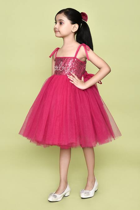 Petite Pomme_Pink Cotton, Net Sequins, Pearls Barbie Dress _Online_at_Aza_Fashions