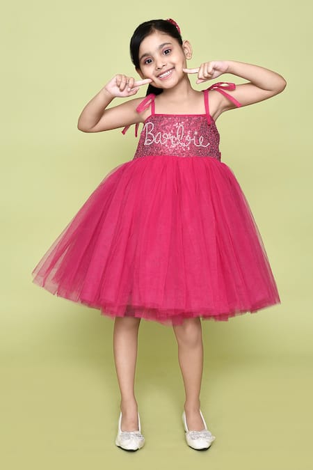 Shop_Petite Pomme_Pink Cotton, Net Sequins, Pearls Barbie Dress _Online_at_Aza_Fashions