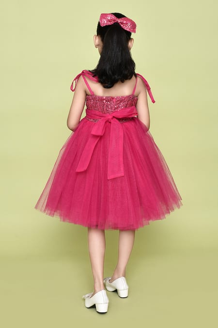 Petite Pomme_Pink Cotton, Net Sequins, Pearls Barbie Dress _at_Aza_Fashions