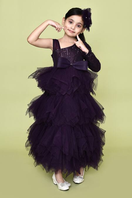 Buy_Petite Pomme_Purple Net, Cotton Embellished Ruffle Layered One Shoulder Gown With Hair Pin_Online_at_Aza_Fashions