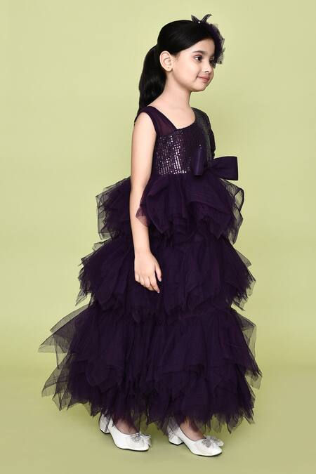 Shop_Petite Pomme_Purple Net, Cotton Embellished Ruffle Layered One Shoulder Gown With Hair Pin_Online_at_Aza_Fashions