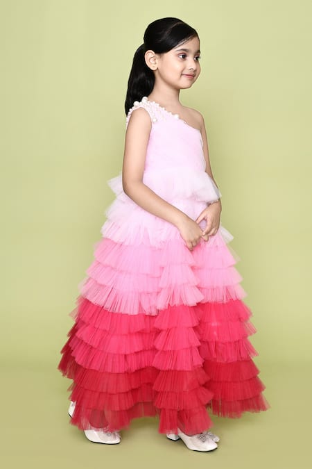 Shop_Petite Pomme_Pink Net, Cotton Pearls Tiered Ruffle One Shoulder Gown_Online_at_Aza_Fashions