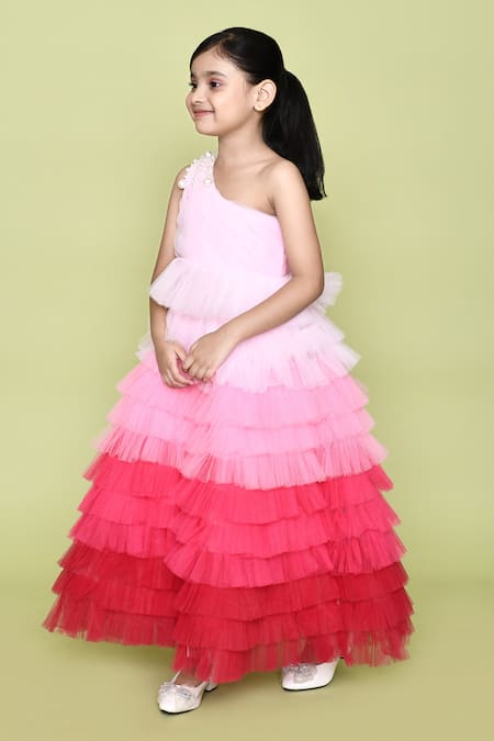 Petite Pomme_Pink Net, Cotton Pearls Tiered Ruffle One Shoulder Gown_at_Aza_Fashions