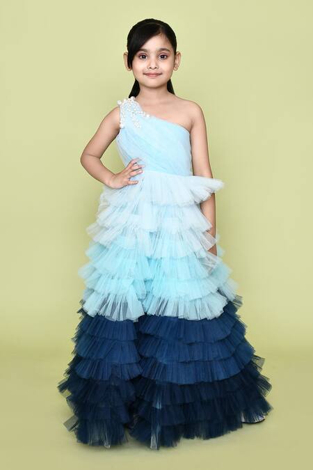 Petite Pomme_Blue Net, Cotton Pearls Embellished Ombre One Shoulder Gown_Online_at_Aza_Fashions