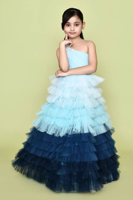 Buy_Petite Pomme_Blue Net, Cotton Pearls Embellished Ombre One Shoulder Gown_Online_at_Aza_Fashions