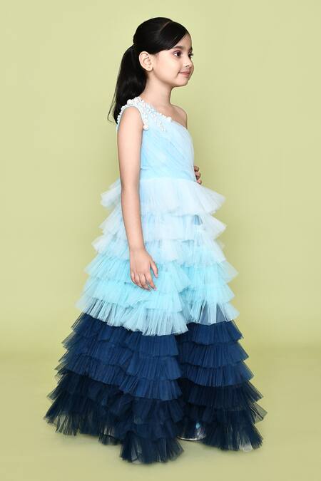 Shop_Petite Pomme_Blue Net, Cotton Pearls Embellished Ombre One Shoulder Gown_Online_at_Aza_Fashions