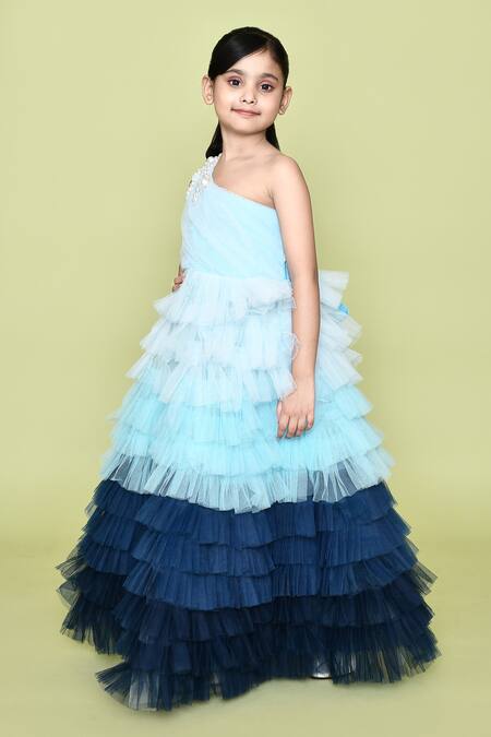 Petite Pomme_Blue Net, Cotton Pearls Embellished Ombre One Shoulder Gown_at_Aza_Fashions