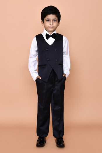 Petite Pomme_Blue Cotton, Polyester Brooches Navy Self Textured Suit Set_Online_at_Aza_Fashions