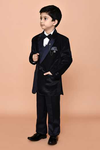Shop_Petite Pomme_Blue Cotton, Polyester Brooches Navy Self Textured Suit Set_Online_at_Aza_Fashions