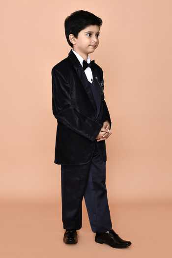 Petite Pomme_Blue Cotton, Polyester Brooches Navy Self Textured Suit Set_at_Aza_Fashions