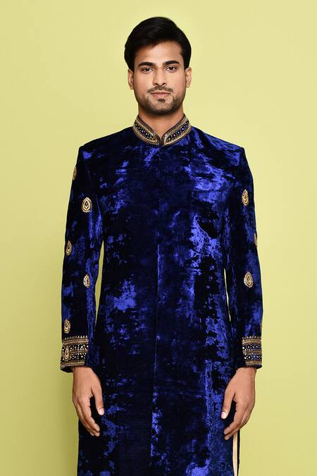 Buy_Arihant Rai Sinha_Blue Velvet, Silk Sequins Embroidered Sleeve Sherwani With Pant _Online_at_Aza_Fashions