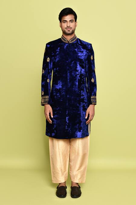 Shop_Arihant Rai Sinha_Blue Velvet, Silk Sequins Embroidered Sleeve Sherwani With Pant _Online_at_Aza_Fashions
