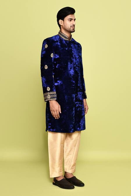 Arihant Rai Sinha_Blue Velvet, Silk Sequins Embroidered Sleeve Sherwani With Pant _at_Aza_Fashions