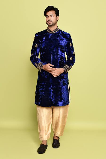 Buy_Arihant Rai Sinha_Blue Velvet, Silk Sequins Embroidered Sleeve Sherwani With Pant 