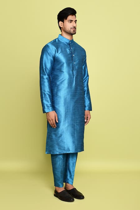 Arihant Rai Sinha_Blue Silk Solid Straight Kurta With Pant _at_Aza_Fashions
