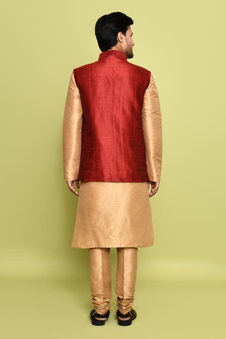 Shop_Arihant Rai Sinha_Gold Silk Solid Kurta And Nehru Jacket Set _at_Aza_Fashions