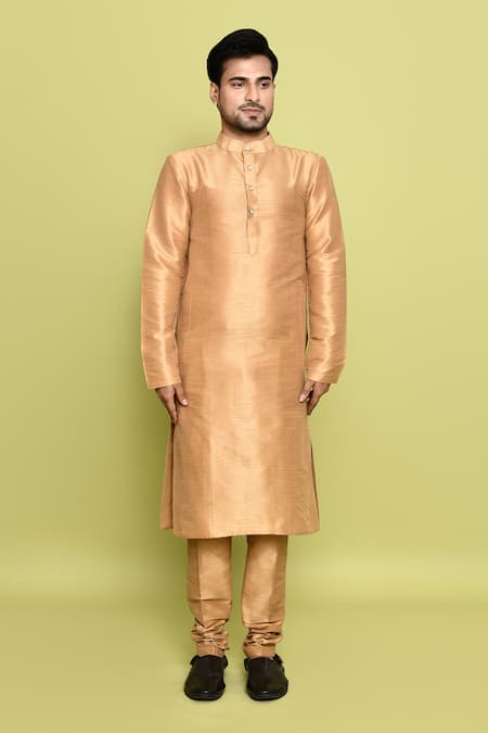 Arihant Rai Sinha_Gold Silk Solid Kurta And Nehru Jacket Set _Online_at_Aza_Fashions