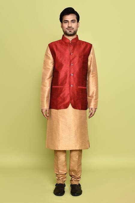 Buy_Arihant Rai Sinha_Gold Silk Solid Kurta And Nehru Jacket Set _Online_at_Aza_Fashions